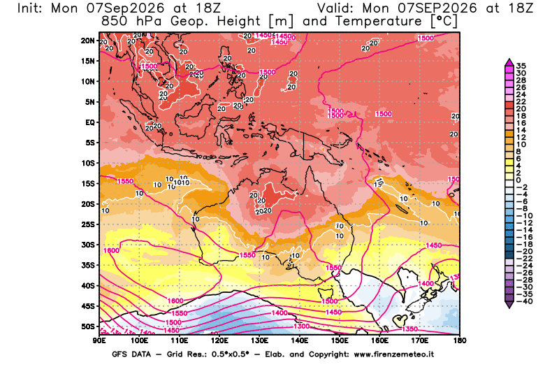 GFS analysi map - Geopotential and Temperature at 850 hPa in Oceania
on September 7, 2026 H18