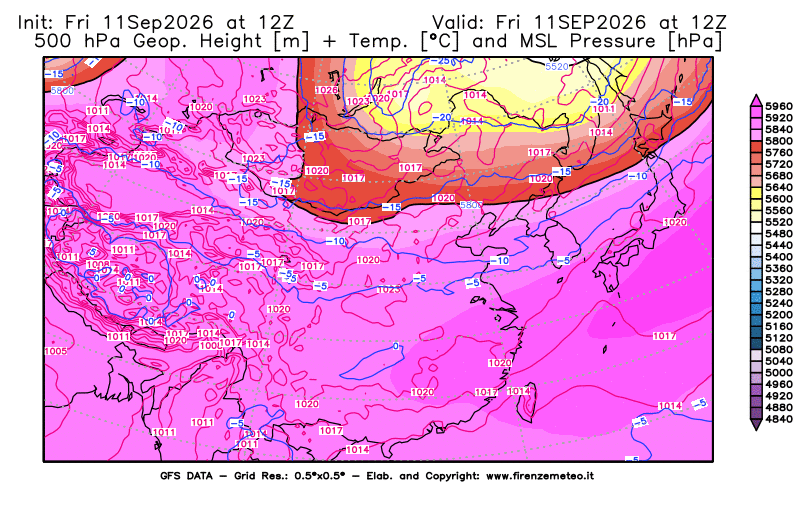 GFS analysi map - Geopotential + Temp. at 500 hPa + Sea Level Pressure in East Asia
on September 11, 2026 H12