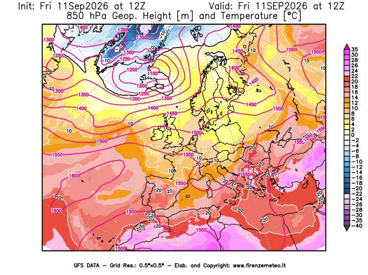 GFS analysi map - Geopotential and Temperature at 850 hPa in Europe
on September 11, 2026 H12