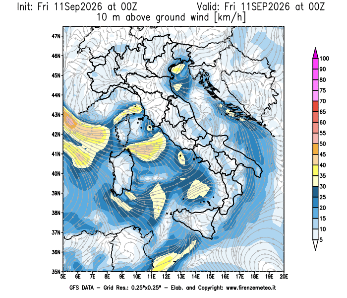 GFS analysi map - Wind Speed at 10 m above ground in Italy
on September 11, 2026 H00