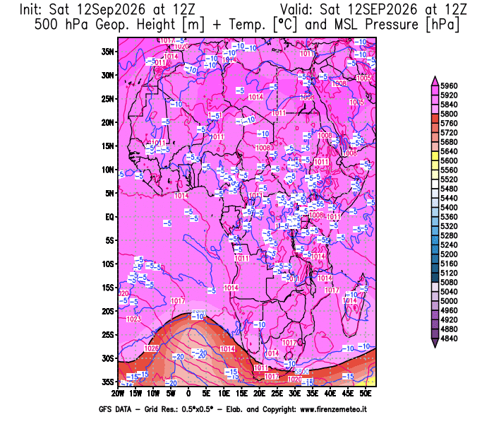 Mappa di analisi GFS - Geopotenziale + Temp. a 500 hPa + Press. a livello del mare in Africa
del 12 settembre 2026 z12