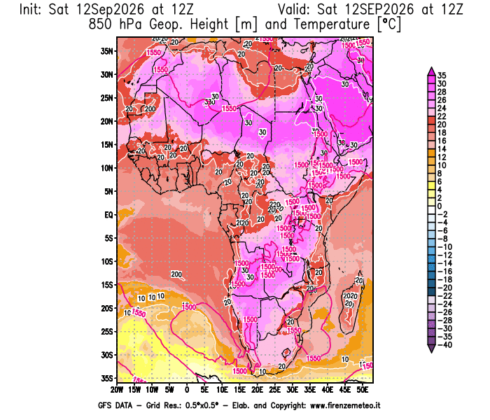 Mappa di analisi GFS - Geopotenziale e Temperatura a 850 hPa in Africa
del 12 settembre 2026 z12