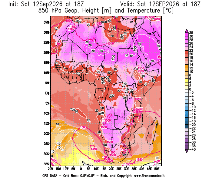 Mappa di analisi GFS - Geopotenziale e Temperatura a 850 hPa in Africa
del 12 settembre 2026 z18