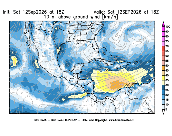 Mappa di analisi GFS - Velocità del vento a 10 metri dal suolo in Centro-America
del 12 settembre 2026 z18
