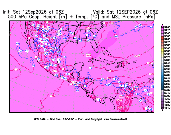 Mappa di analisi GFS - Geopotenziale + Temp. a 500 hPa + Press. a livello del mare in Centro-America
del 12 settembre 2026 z06