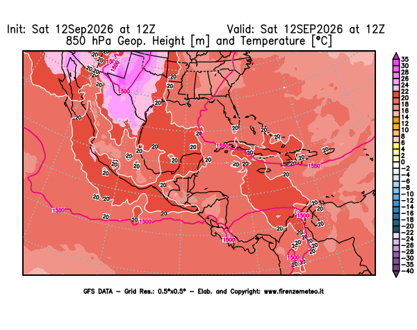 Mappa di analisi GFS - Geopotenziale e Temperatura a 850 hPa in Centro-America
del 12 settembre 2026 z12