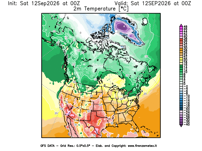 Mappa di analisi GFS - Temperatura a 2 metri dal suolo in Nord-America
del 12 settembre 2026 z00