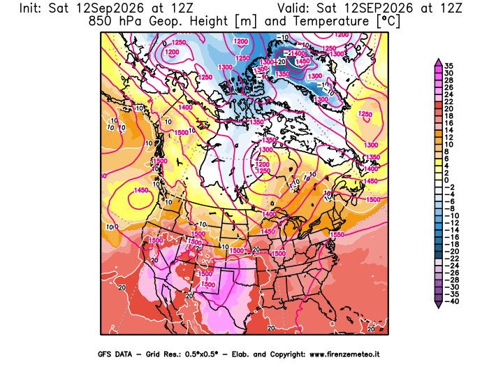 Mappa di analisi GFS - Geopotenziale e Temperatura a 850 hPa in Nord-America
del 12 settembre 2026 z12