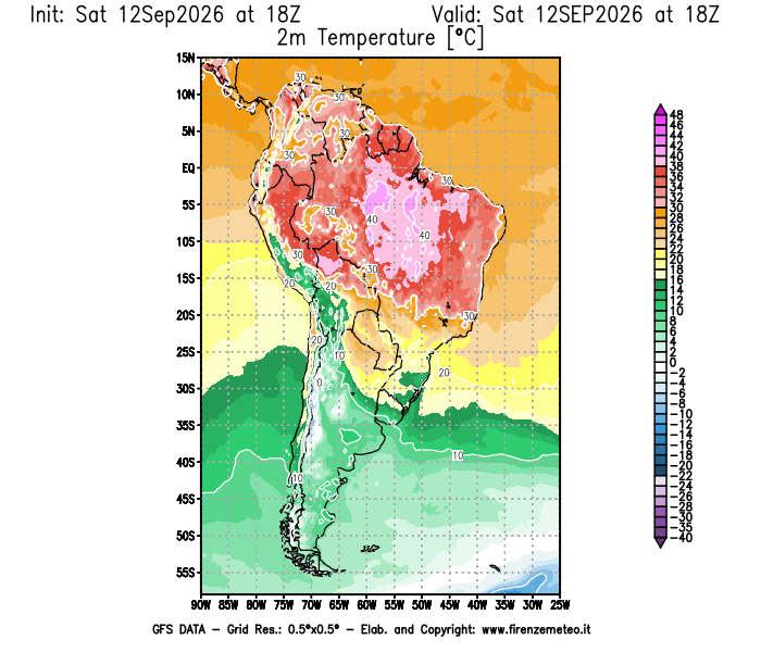 Mappa di analisi GFS - Temperatura a 2 metri dal suolo in Sud-America
del 12 settembre 2026 z18