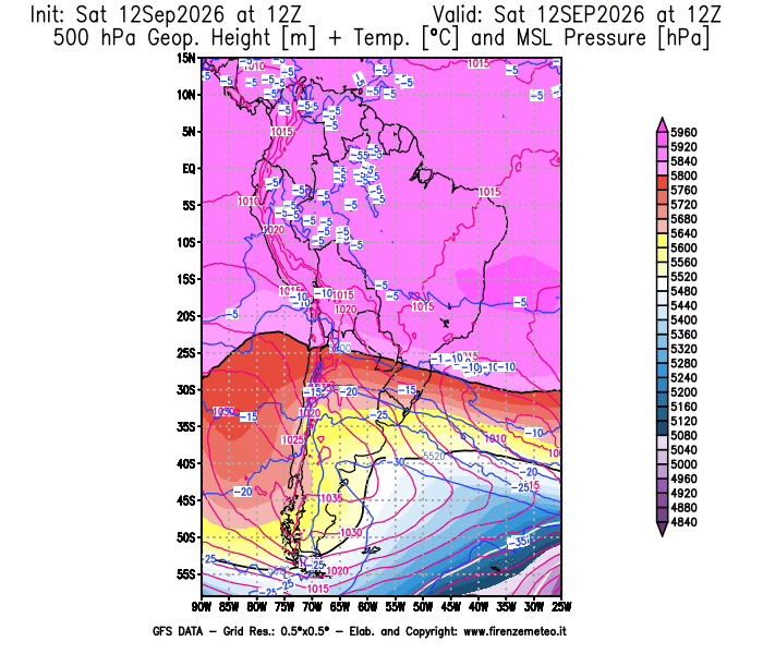 Mappa di analisi GFS - Geopotenziale + Temp. a 500 hPa + Press. a livello del mare in Sud-America
del 12 settembre 2026 z12