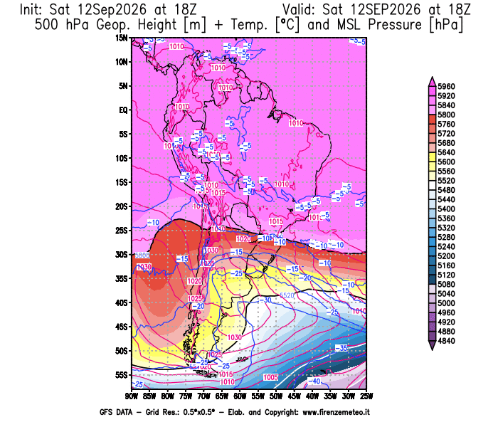 Mappa di analisi GFS - Geopotenziale + Temp. a 500 hPa + Press. a livello del mare in Sud-America
del 12 settembre 2026 z18