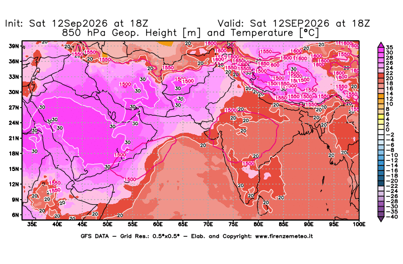 Mappa di analisi GFS - Geopotenziale e Temperatura a 850 hPa in Asia Sud-Occidentale
del 12 settembre 2026 z18