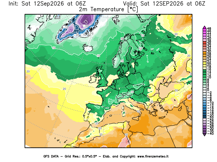 Mappa di analisi GFS - Temperatura a 2 metri dal suolo in Europa
del 12 settembre 2026 z06