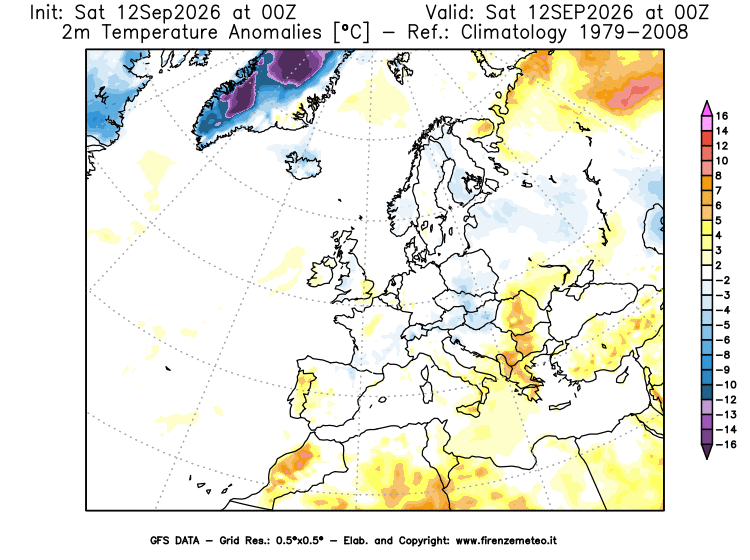 Mappa di analisi GFS - Anomalia Temperatura a 2 m in Europa
del 12 settembre 2026 z00