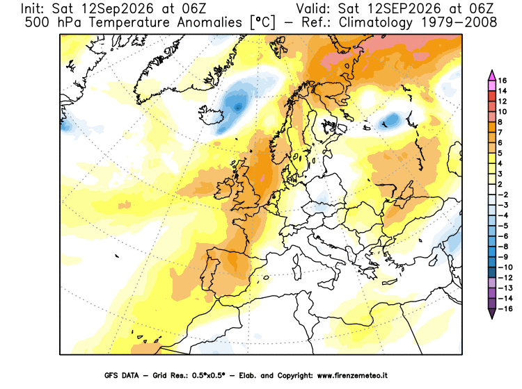Mappa di analisi GFS - Anomalia Temperatura a 500 hPa in Europa
del 12 settembre 2026 z06