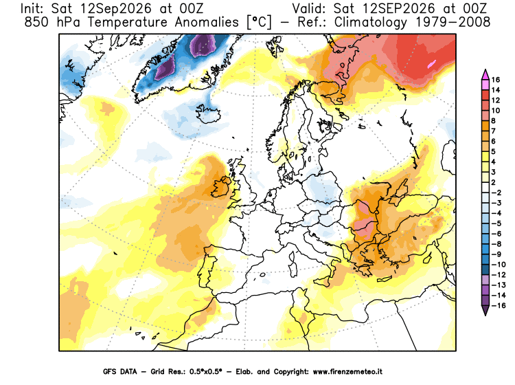 Mappa di analisi GFS - Anomalia Temperatura a 850 hPa in Europa
del 12 settembre 2026 z00