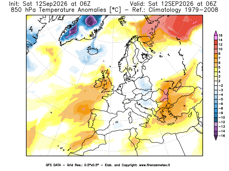 Mappa di analisi GFS - Anomalia Temperatura a 850 hPa in Europa
del 12 settembre 2026 z06