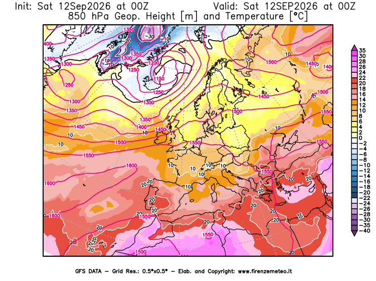 Mappa di analisi GFS - Geopotenziale e Temperatura a 850 hPa in Europa
del 12 settembre 2026 z00