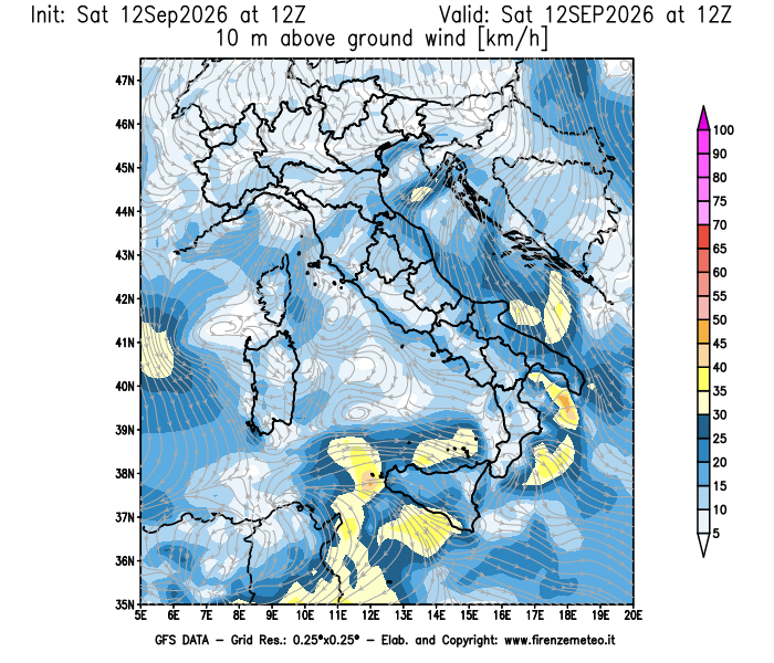 Mappa di analisi GFS - Velocità del vento a 10 metri dal suolo in Italia
del 12 settembre 2026 z12