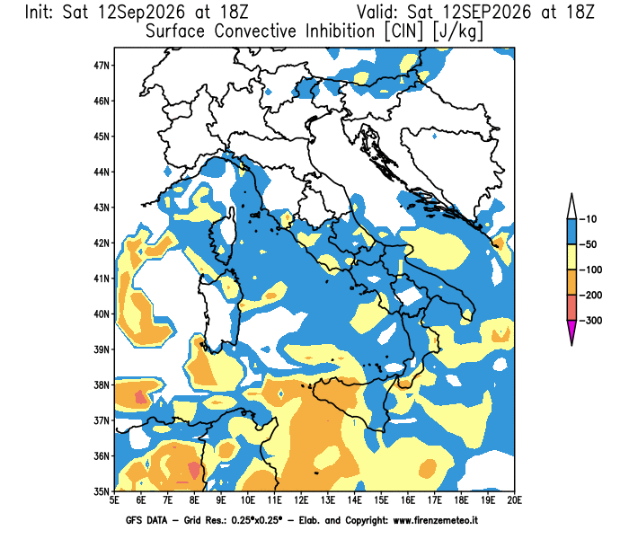 Mappa di analisi GFS - CIN in Italia
del 12 settembre 2026 z18