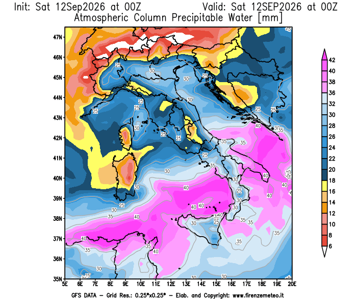 Mappa di analisi GFS - Precipitable Water in Italia
del 12 settembre 2026 z00