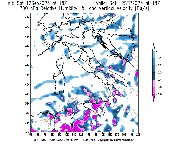 Mappa di analisi GFS - Umidità relativa e Omega a 700 hPa in Italia
del 12 settembre 2026 z18