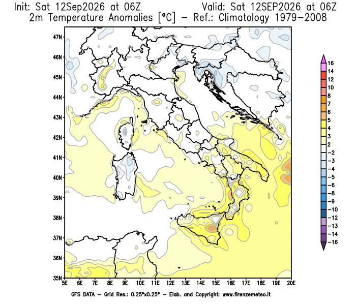 Mappa di analisi GFS - Anomalia Temperatura a 2 m in Italia
del 12 settembre 2026 z06