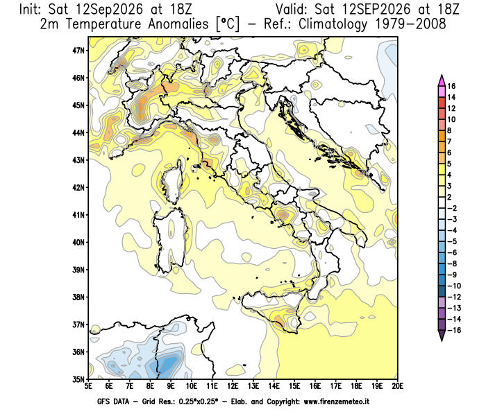 Mappa di analisi GFS - Anomalia Temperatura a 2 m in Italia
del 12 settembre 2026 z18