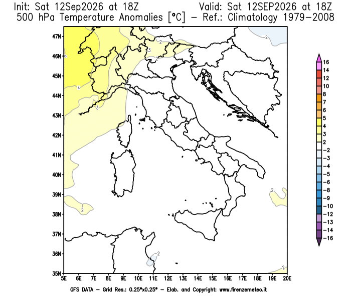 Mappa di analisi GFS - Anomalia Temperatura a 500 hPa in Italia
del 12 settembre 2026 z18