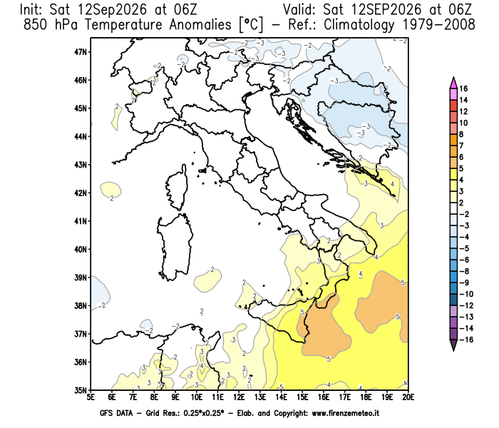 Mappa di analisi GFS - Anomalia Temperatura a 850 hPa in Italia
del 12 settembre 2026 z06