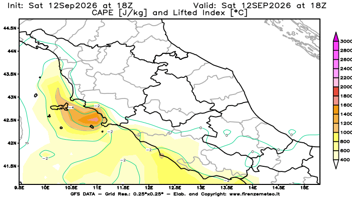 Mappa di analisi GFS - CAPE e Lifted Index in Centro-Italia
del 12 settembre 2026 z18
