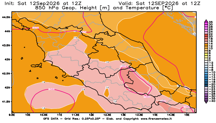 Mappa di analisi GFS - Geopotenziale e Temperatura a 850 hPa in Centro-Italia
del 12 settembre 2026 z12