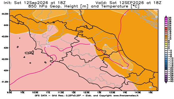 Mappa di analisi GFS - Geopotenziale e Temperatura a 850 hPa in Centro-Italia
del 12 settembre 2026 z18