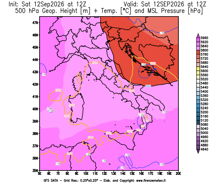 Mappa di analisi GFS - Geopotenziale + Temp. a 500 hPa + Press. a livello del mare in Italia
del 12 settembre 2026 z12