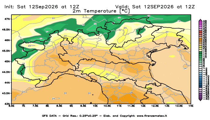 Mappa di analisi GFS - Temperatura a 2 metri dal suolo in Nord-Italia
del 12 settembre 2026 z12