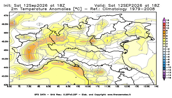 Mappa di analisi GFS - Anomalia Temperatura a 2 m in Nord-Italia
del 12 settembre 2026 z18