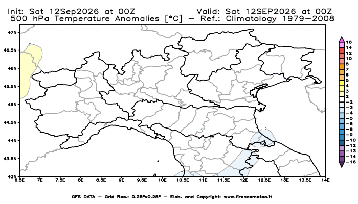 Mappa di analisi GFS - Anomalia Temperatura a 500 hPa in Nord-Italia
del 12 settembre 2026 z00