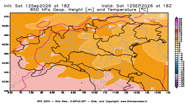 Mappa di analisi GFS - Geopotenziale e Temperatura a 850 hPa in Nord-Italia
del 12 settembre 2026 z18