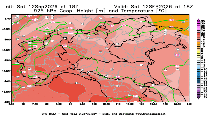 Mappa di analisi GFS - Geopotenziale e Temperatura a 925 hPa in Nord-Italia
del 12 settembre 2026 z18