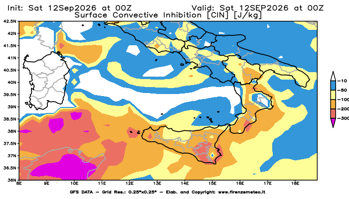 Mappa di analisi GFS - CIN in Sud-Italia
del 12 settembre 2026 z00