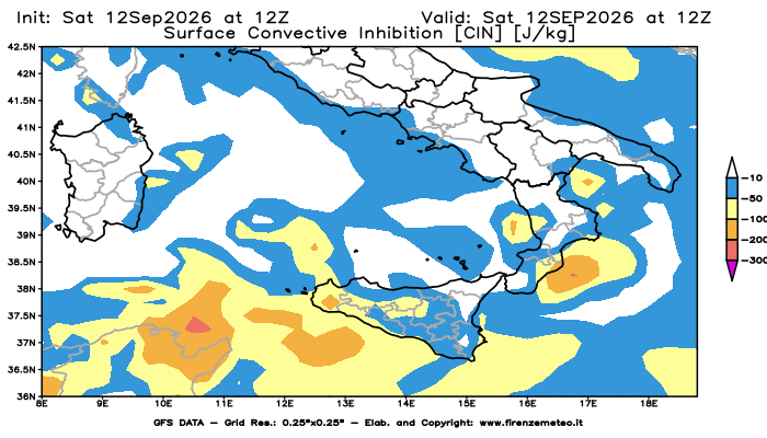 Mappa di analisi GFS - CIN in Sud-Italia
del 12 settembre 2026 z12