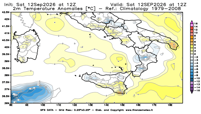 Mappa di analisi GFS - Anomalia Temperatura a 2 m in Sud-Italia
del 12 settembre 2026 z12