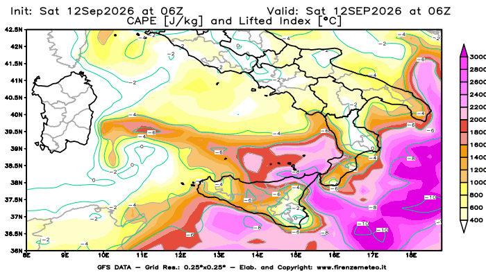 Mappa di analisi GFS - CAPE e Lifted Index in Sud-Italia
del 12 settembre 2026 z06