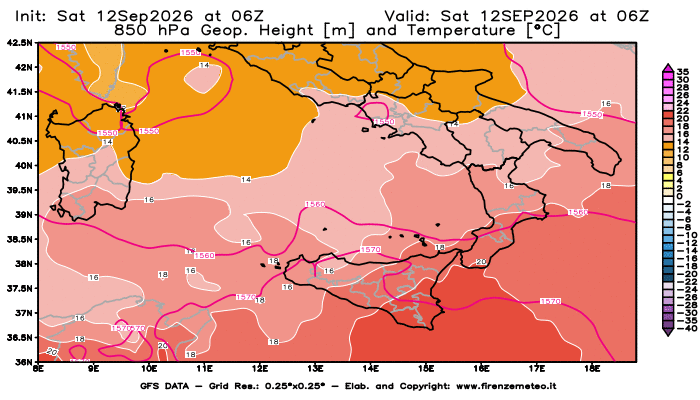 Mappa di analisi GFS - Geopotenziale e Temperatura a 850 hPa in Sud-Italia
del 12 settembre 2026 z06