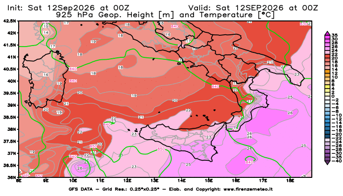 Mappa di analisi GFS - Geopotenziale e Temperatura a 925 hPa in Sud-Italia
del 12 settembre 2026 z00
