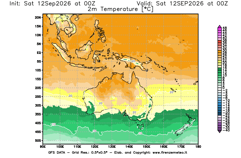 Mappa di analisi GFS - Temperatura a 2 metri dal suolo in Oceania
del 12 settembre 2026 z00