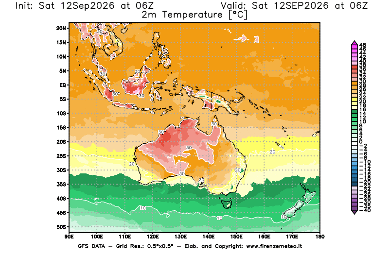 Mappa di analisi GFS - Temperatura a 2 metri dal suolo in Oceania
del 12 settembre 2026 z06