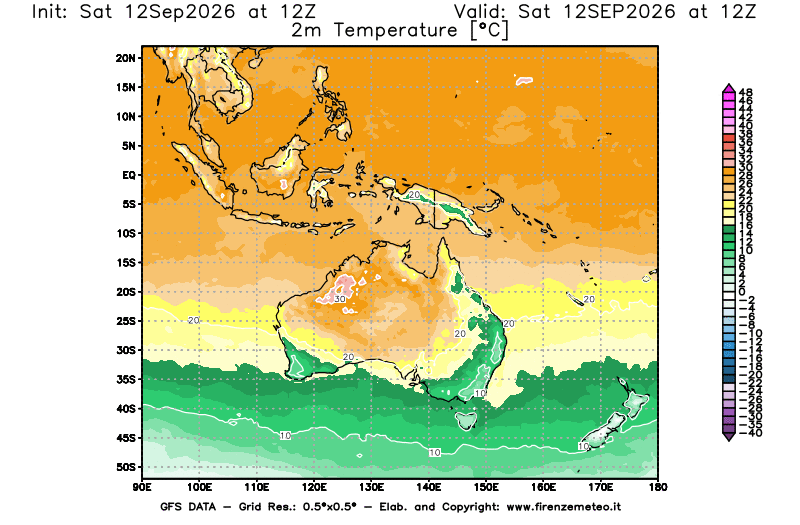 Mappa di analisi GFS - Temperatura a 2 metri dal suolo in Oceania
del 12 settembre 2026 z12