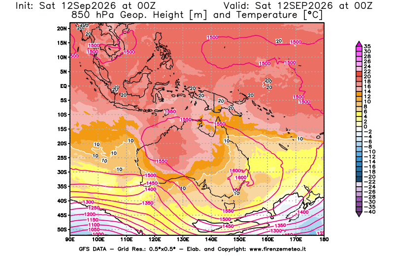 Mappa di analisi GFS - Geopotenziale e Temperatura a 850 hPa in Oceania
del 12 settembre 2026 z00