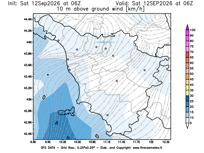 Mappa di analisi GFS - Velocità del vento a 10 metri dal suolo in Toscana
del 12 settembre 2026 z06